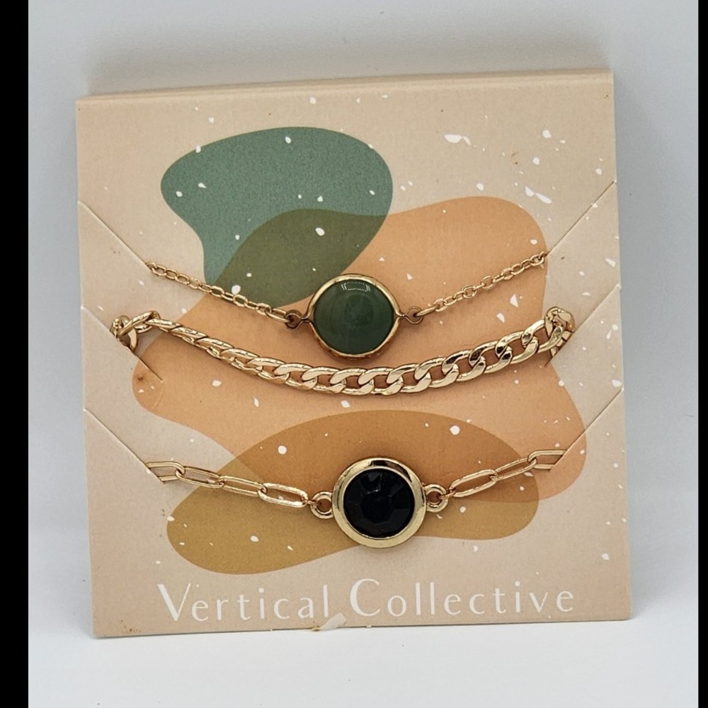 Vertical Collective 3 Piece Bracelet Set Gold Tone Green Black Stone Chains